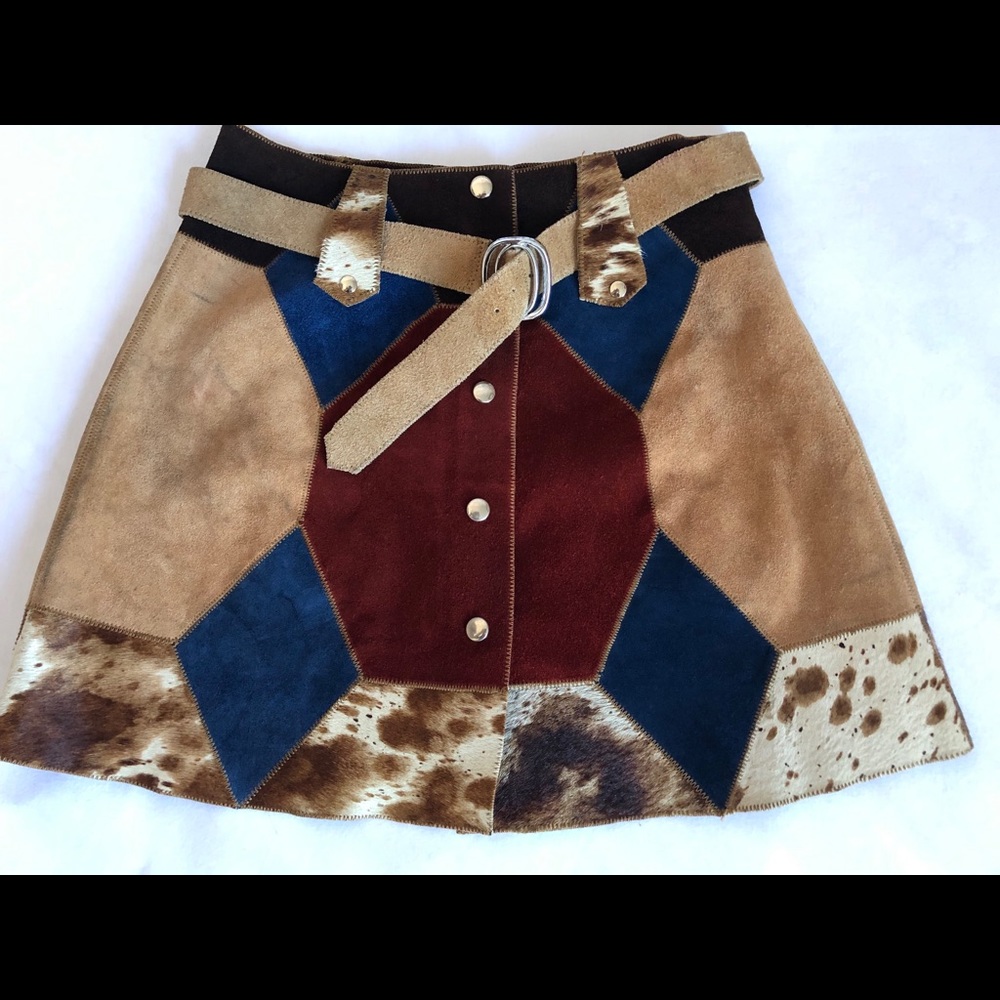 Vintage cowhide & Suede Leather patchwork skirt